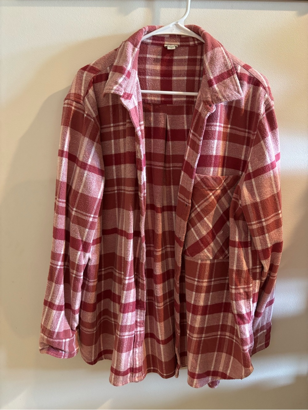 Aerie Red and Cream Plaid Flannel Shirt Jacket